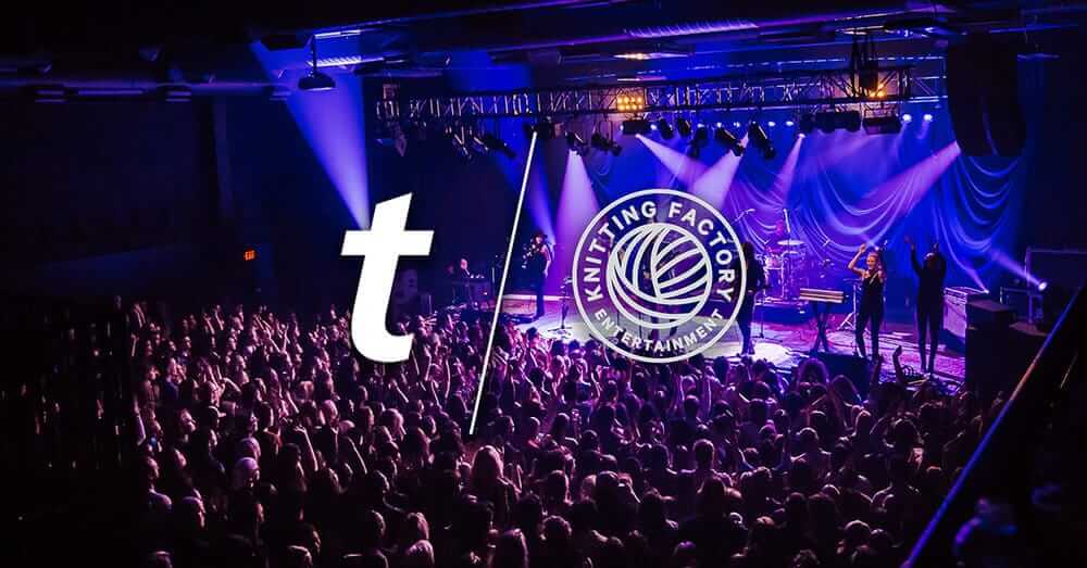 ticketmaster and knitting factory logo over fans at concert