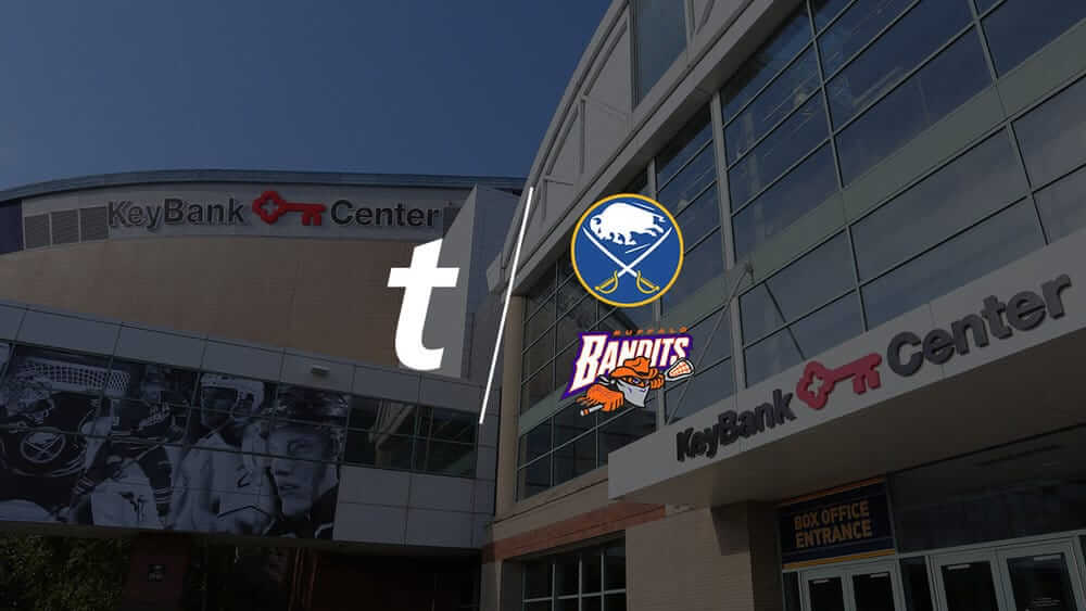 ticketmaster and key bank arena logo over venue image