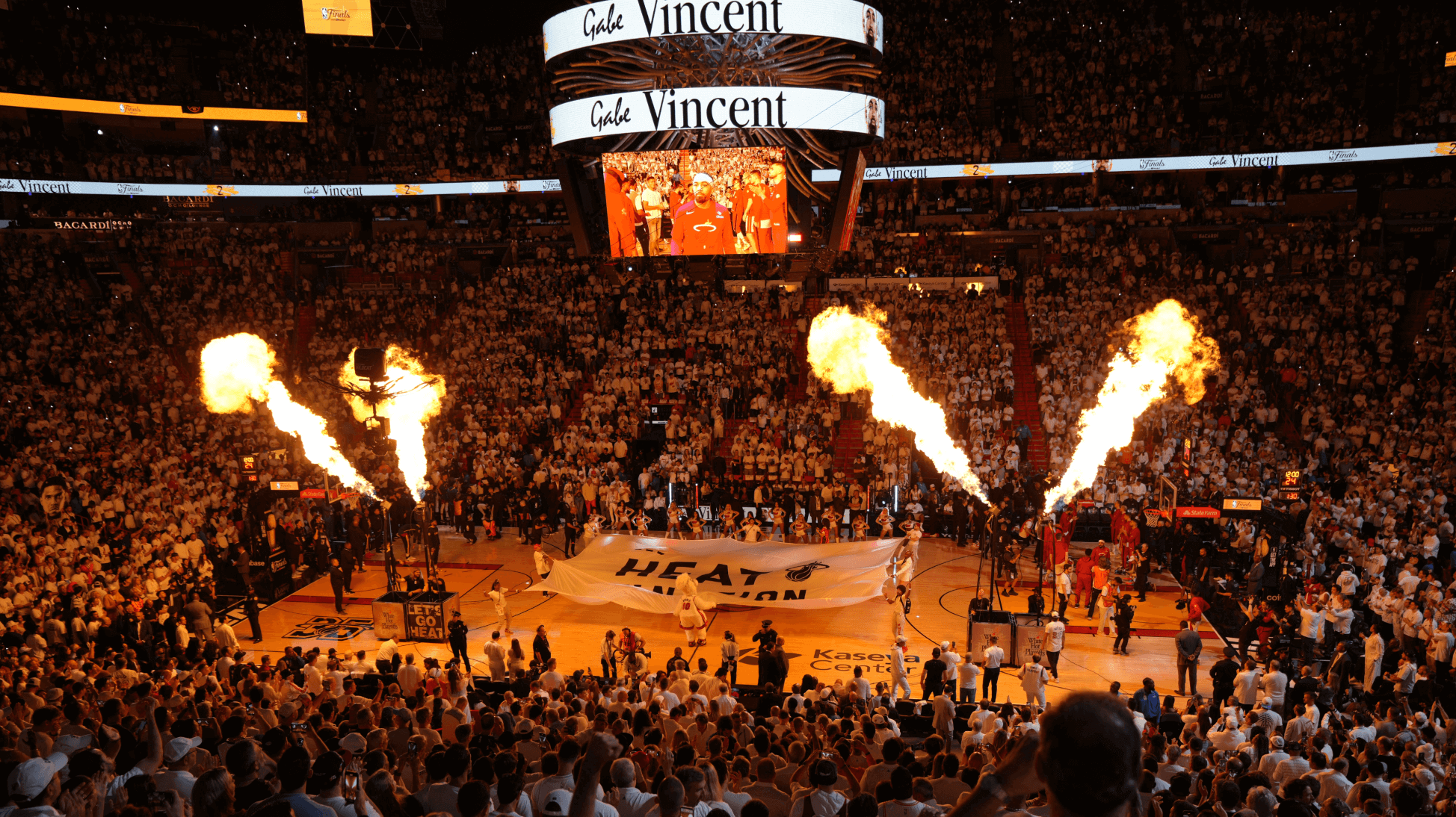 Miami heat game with fans and fire sparklers