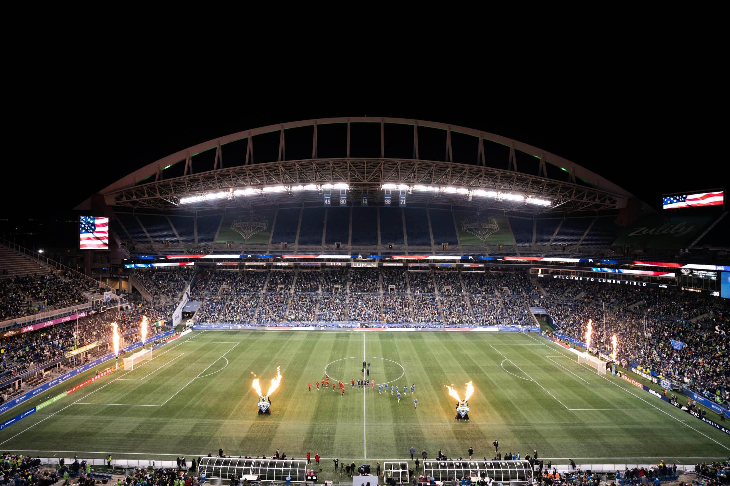 Seattle sounder stadium with fans at night