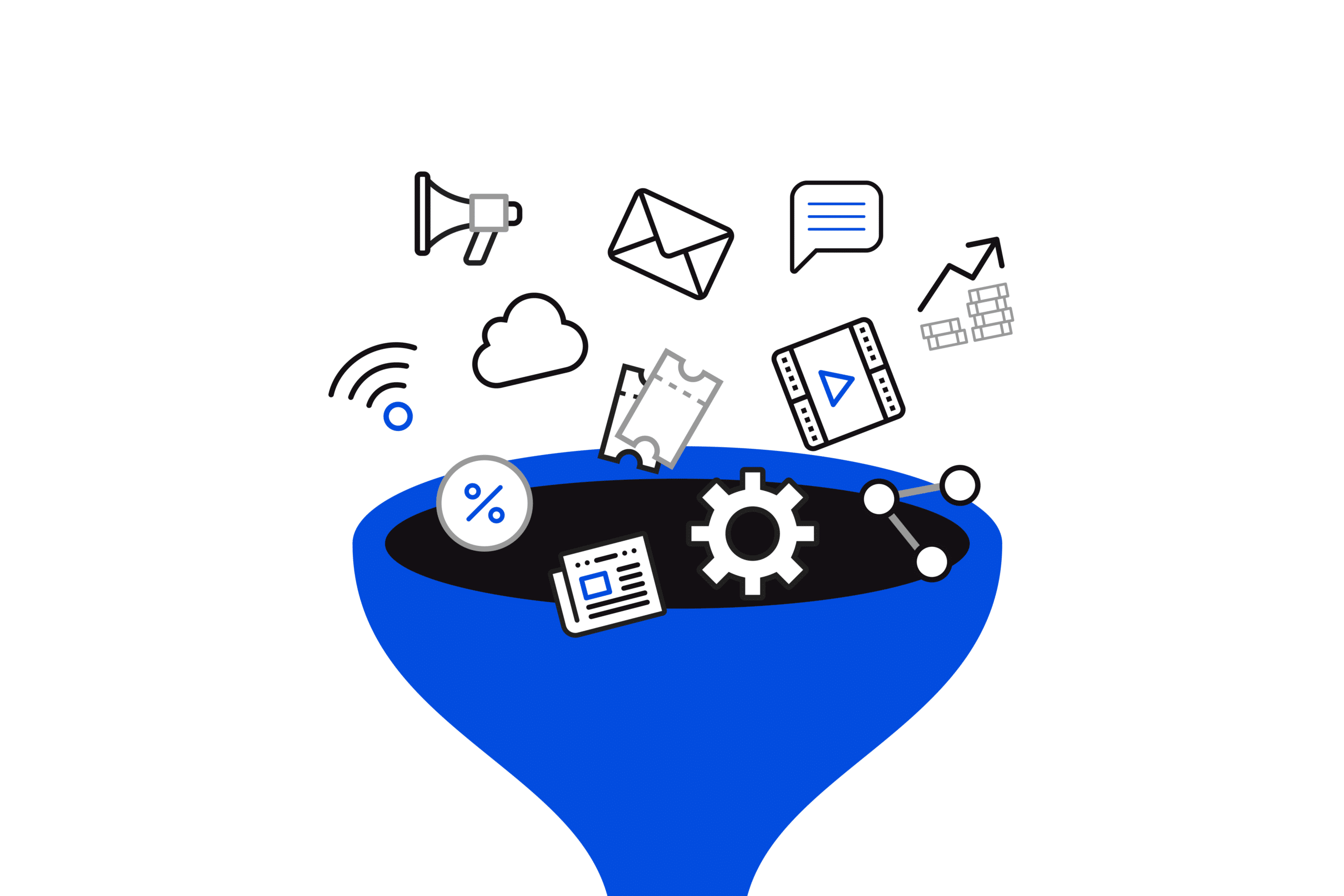 marketing tool icons in a blue funnel