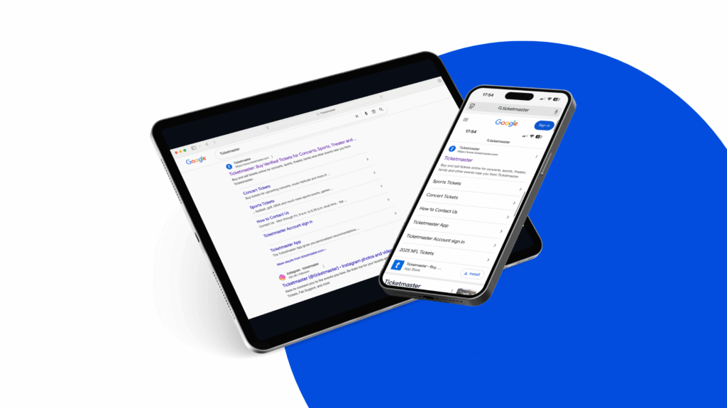 An iPad and iPhone frame showing a Google search for Ticketmaster to highlight Ticketmaster's SEO strategies.