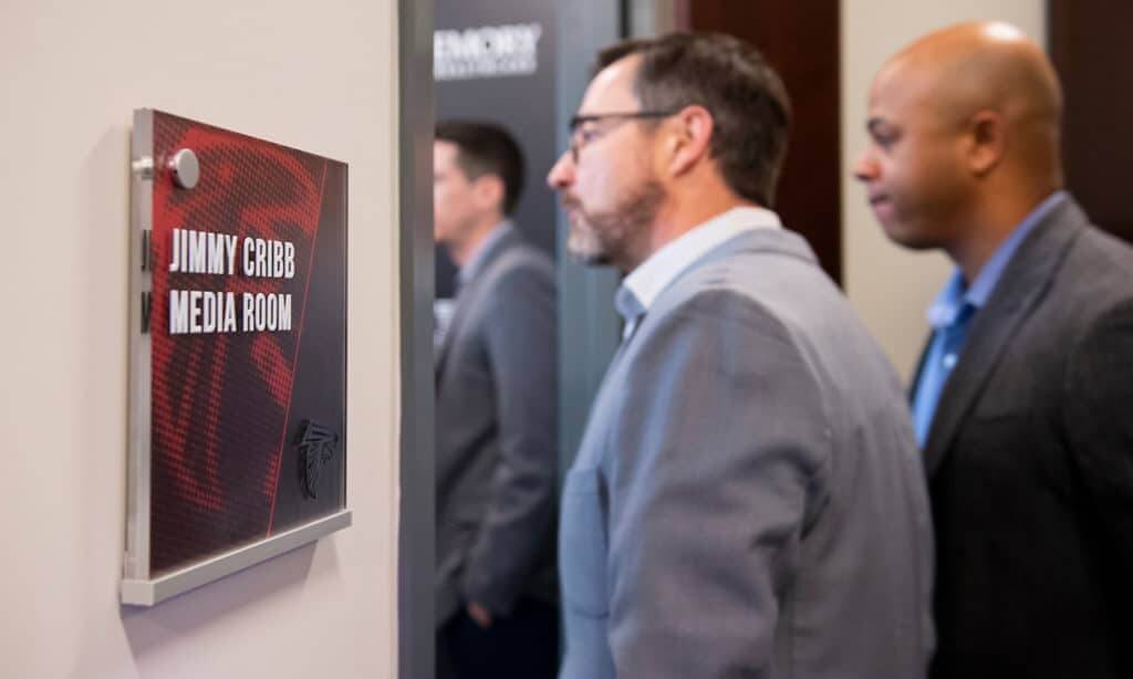 Jimmy Cribb media room at Atlanta Falcons' Ticketmaster Studios