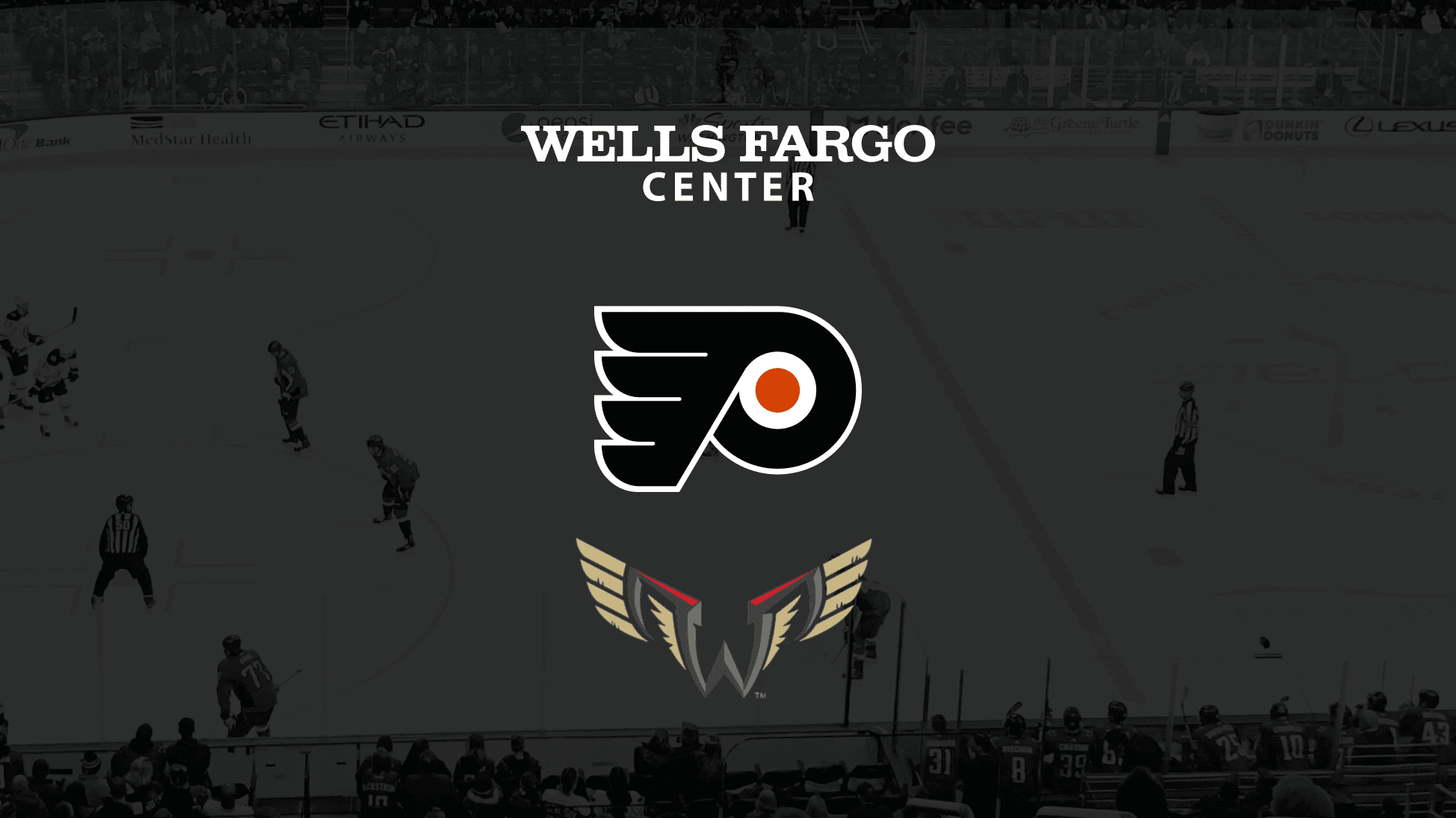 philadelphia flyers and wings logo with Wells Fargo center logo over a hockey arena