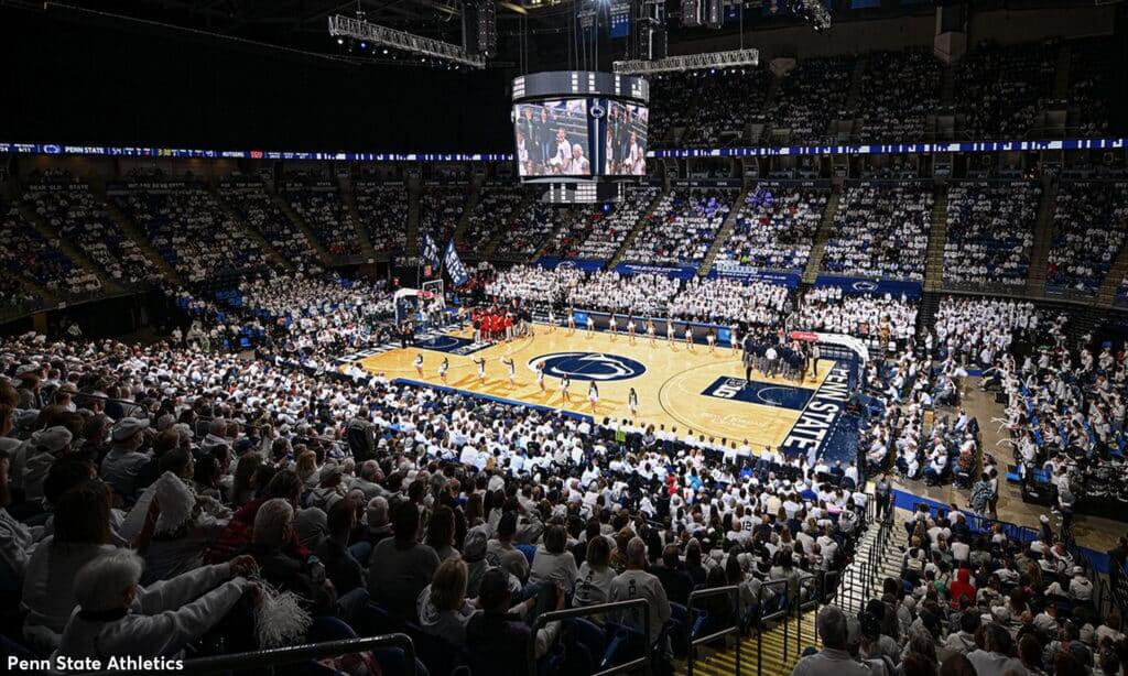 view of Penn state basketball court with fans at game