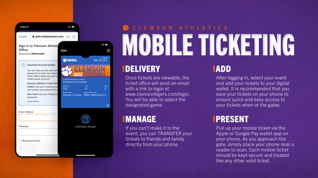 Clemson athletics mobile ticketing instructions with phone screenshots 