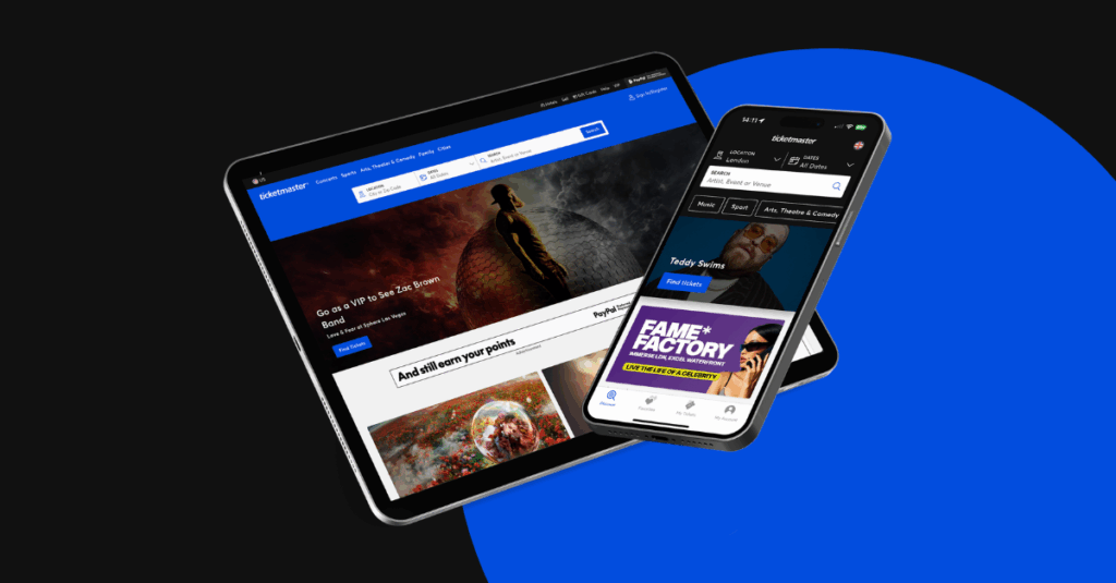 Image of an iPad and an iPhone showing event listings within the Ticketmaster marketplace