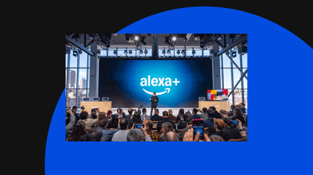 speaker on stage, in front of a crowd announcing the new Alexa+ release
