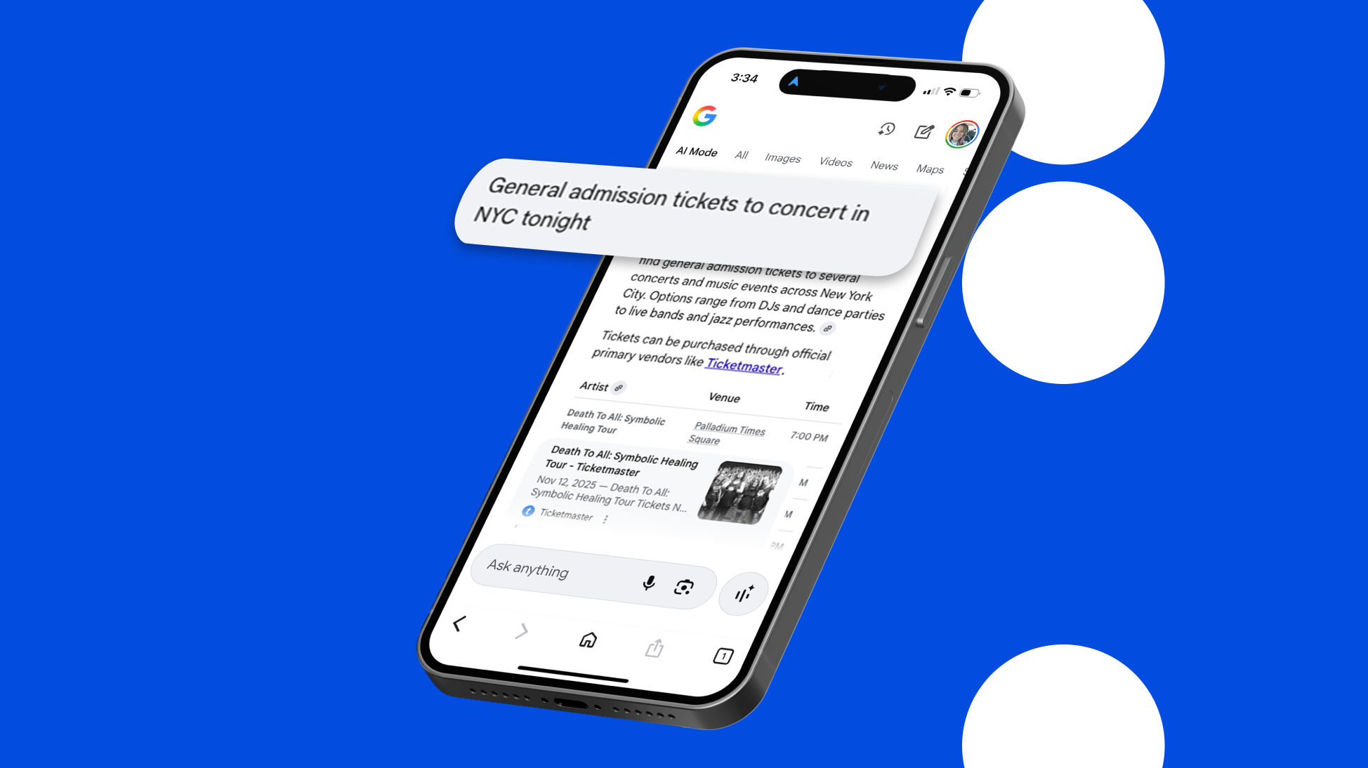 Picture of an iPhone showing a Google search that says "General Admission tickets to concert in NYC tonight" in Google's AI Mode.
