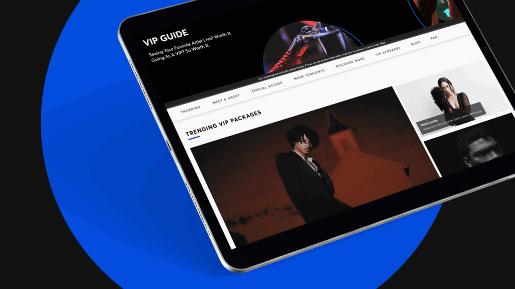 An iPad showing the Ticketmaster Marketplace with "trending VIP Packages" for upcoming yours and live events.