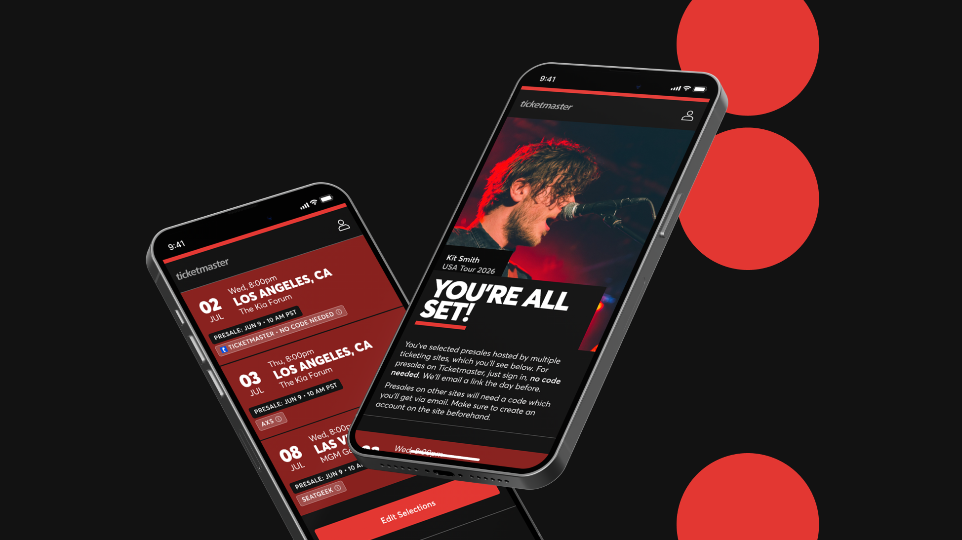 Two iPhones showing the Ticketmaster Artist Sign Up pages for the Kite Smith USA Tour, where fans can sign up for Artist Presales based on dates and locations.