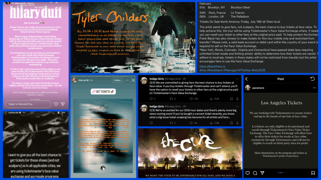 The image is of a collage of social media posts from artists who are talking about ticket prices and resale.
