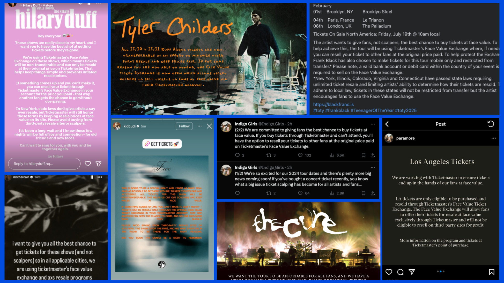 The image is of a collage of social media posts from artists who are talking about ticket prices and resale.