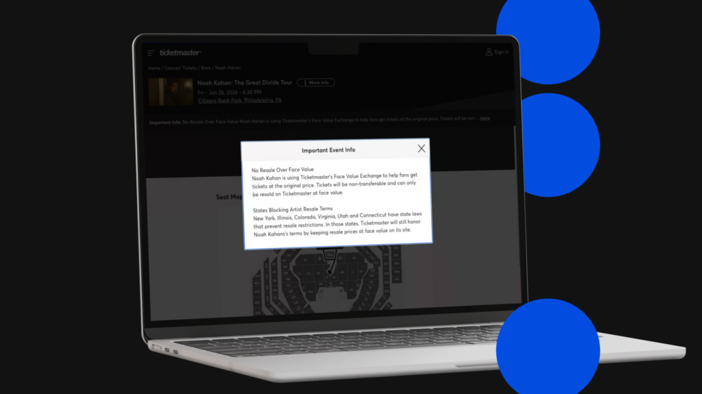 Ticketmaster Face Value Exchange notification in a macbook frame