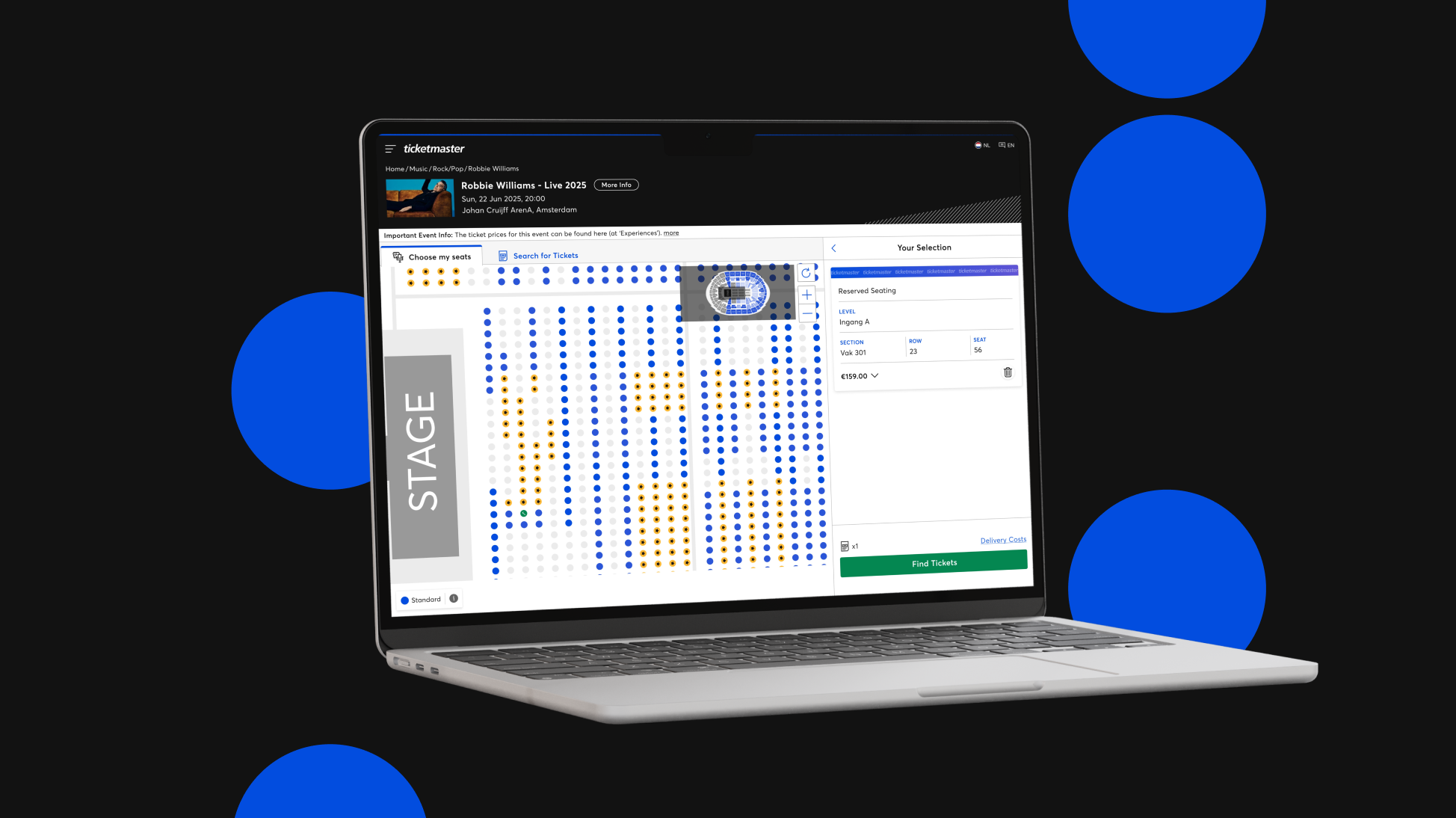 Image of laptop computer with an Interactive Sales Map (ISM) on the screen during a Ticketmaster High Demand Onsale