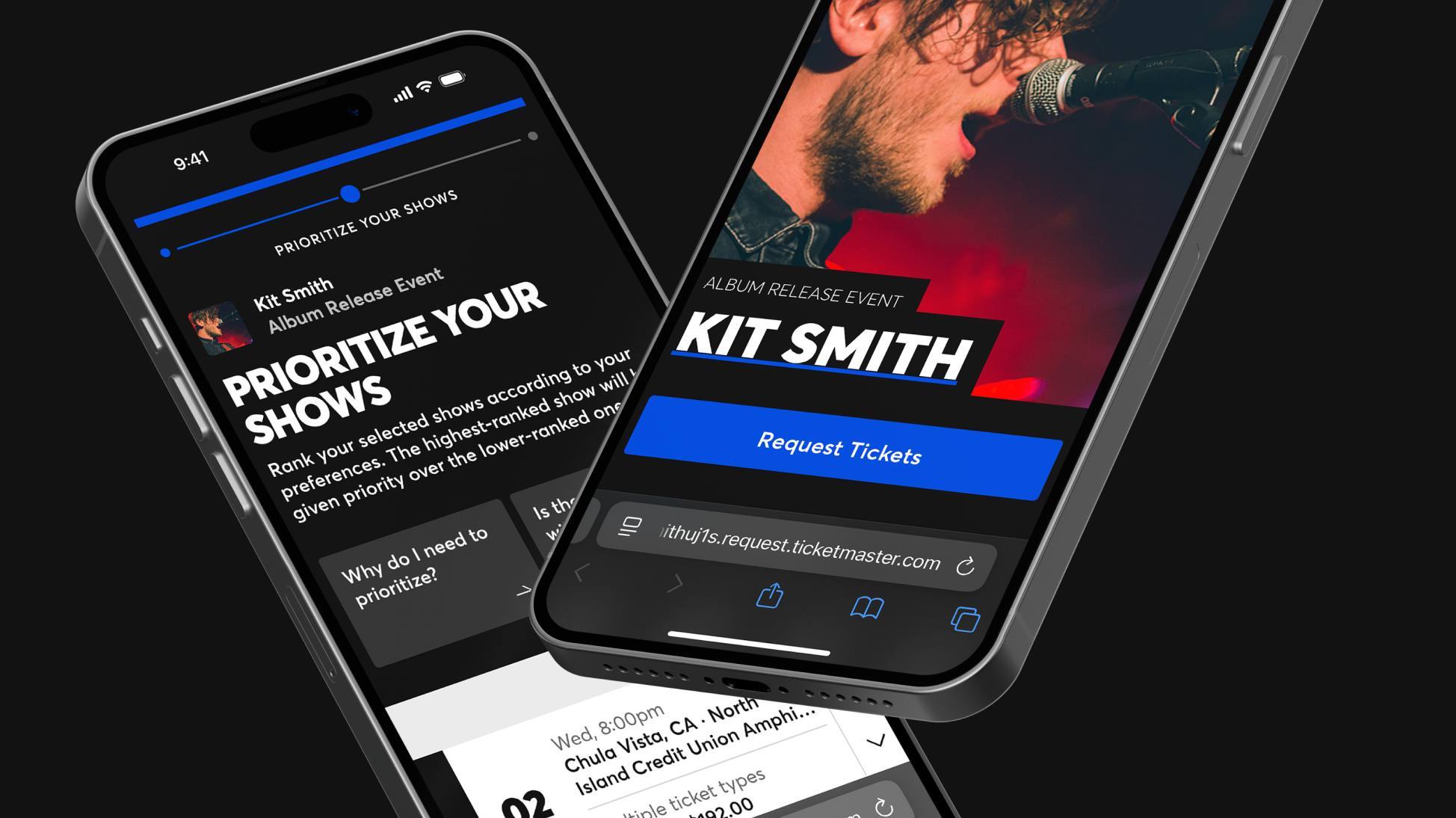 Two iPhones showing Ticketmaster Request and how fans can Request tickets to the Kit Smit album release event.