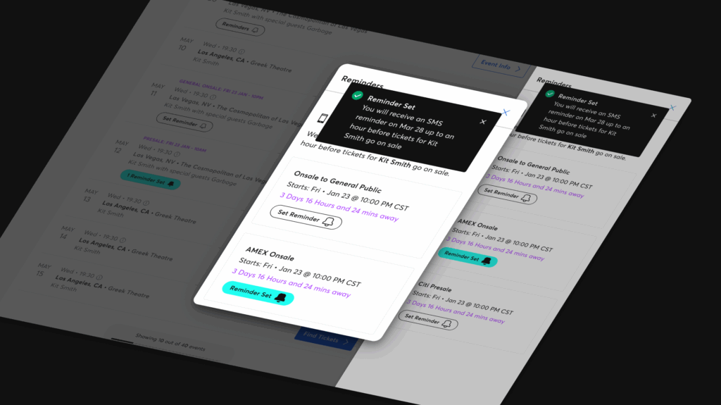 iPad image showing a Reminder that is set for an upcoming Onsale.