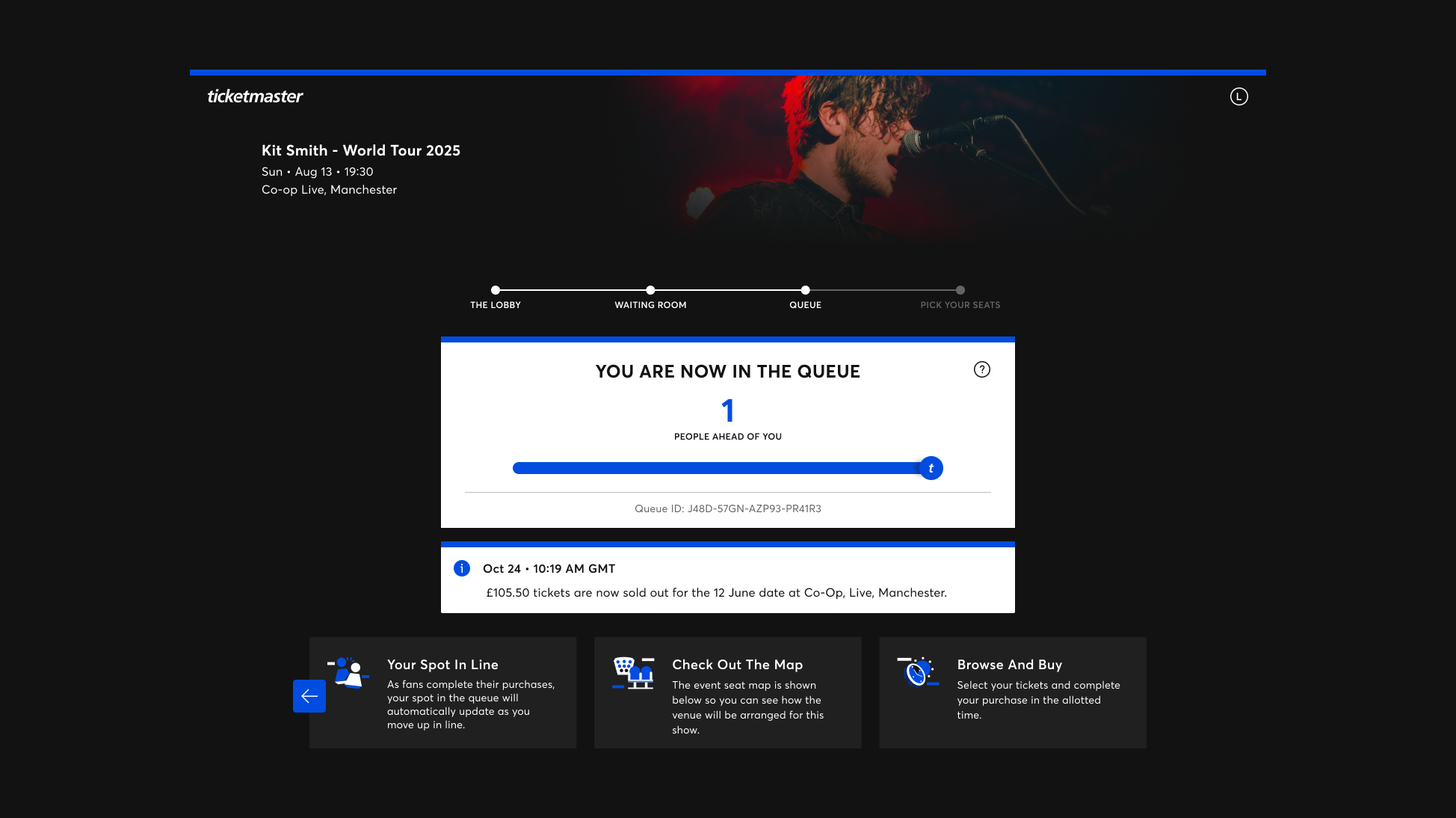 Image of the Ticketmaster Smart Queue for the Kit Smith World Tour, showing the fan in the ticket buying process with only 1 person ahead of them.