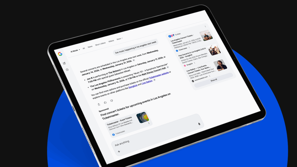 Image of an iPad showing a Google AI Overview for a "live music events near me in Los Angeles" search.