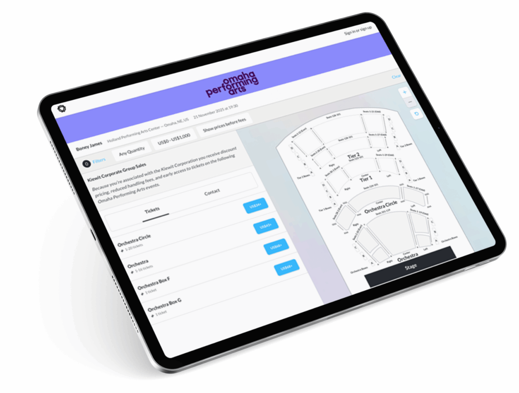Splash Page Showing an Event Venue Ticket Selection Process