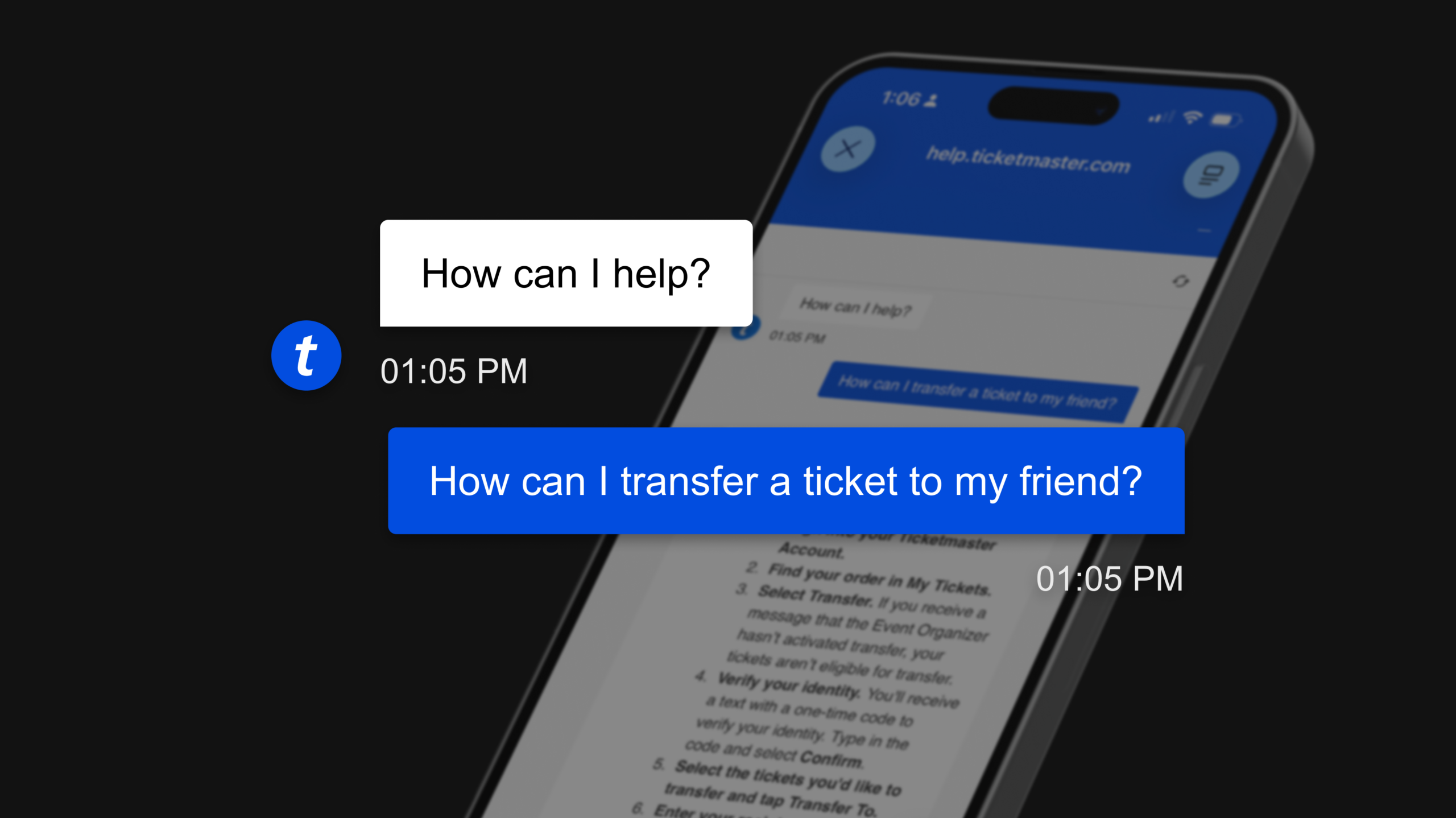 An image of on iPhone with text bubbles showing conversational AI answers. AI chatbot intro is "How can I help?" fan question is "How can I transfer a ticket to my friend?"