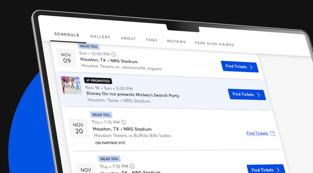 An image of an iPad showing various events on the Ticketmaster Marketplace.