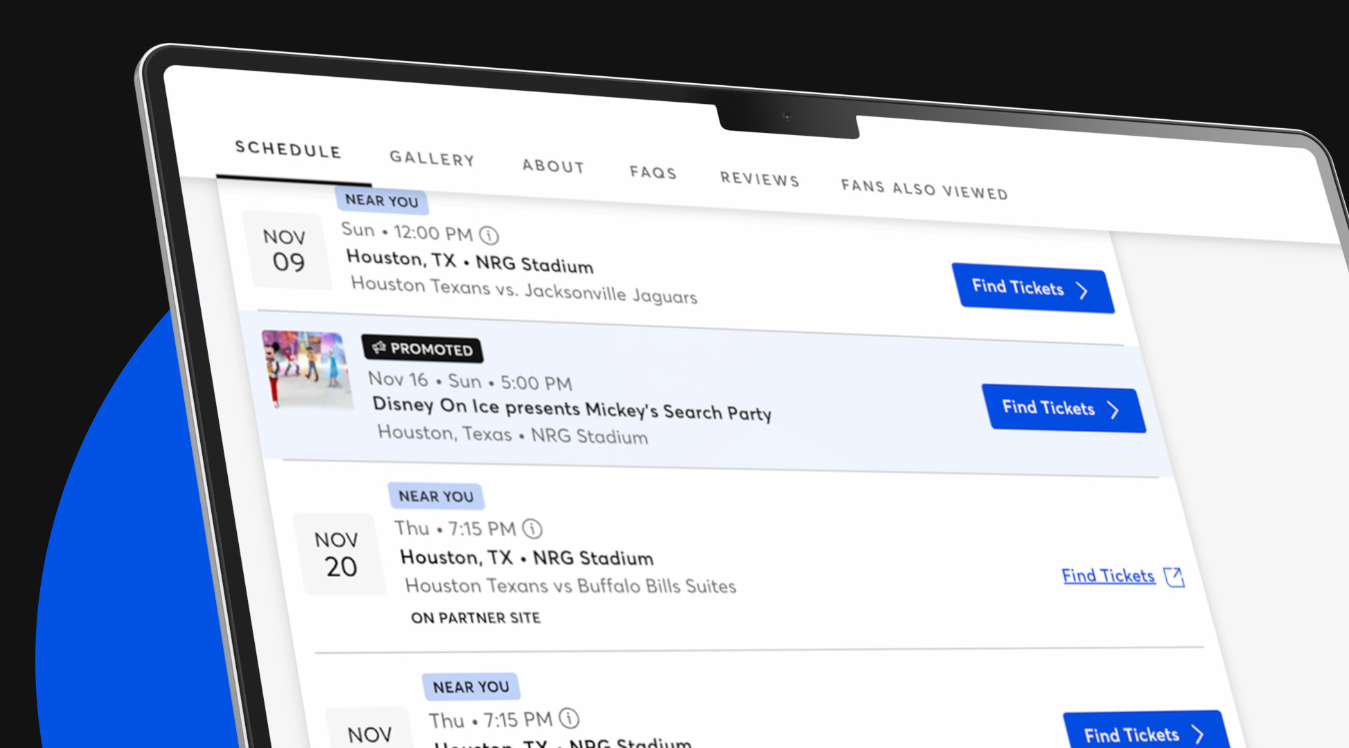 An image of an iPad showing various events on the Ticketmaster Marketplace.