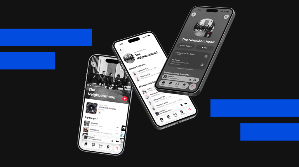 Image of three iPhones showing the three different screens from the Apple Music concert event discovery journey from Artist pages, to concert listings, to ticket purchasing page.