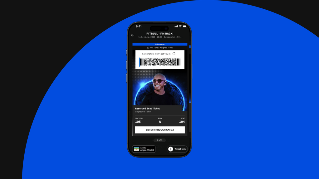 iPhone frame showing the Ticketmaster new ticket design with rotating barcode for an upcoming Pitbull concert.