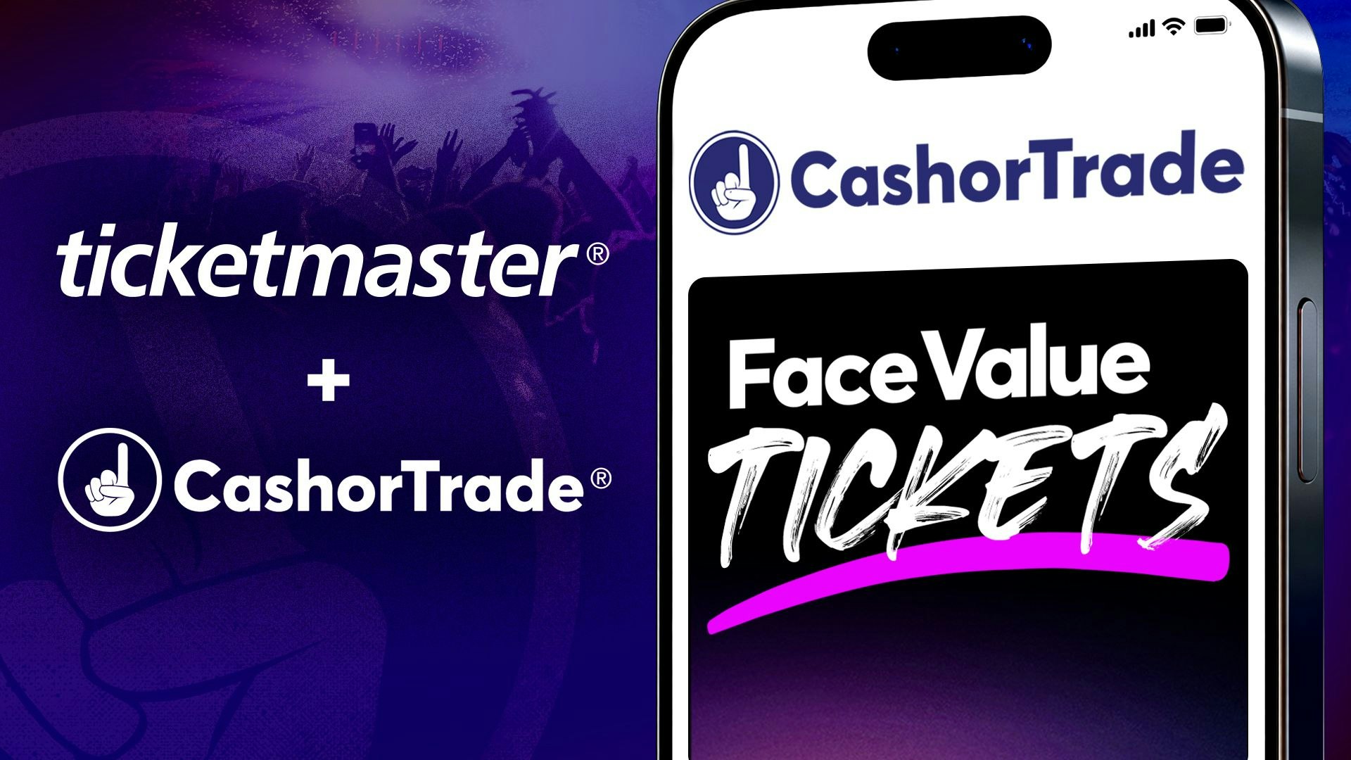 Image of an iPhone with Face Value Tickets across it to announce the partnership between Ticketmaster's and CashorTrade