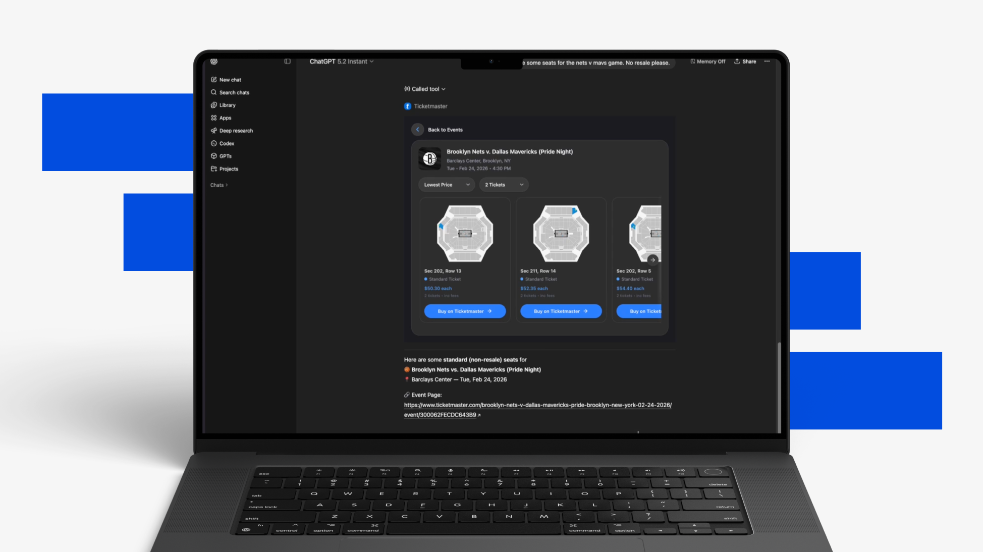 A laptop showing how fans can search for tickets with the Ticketmaster and ChatGPT integration