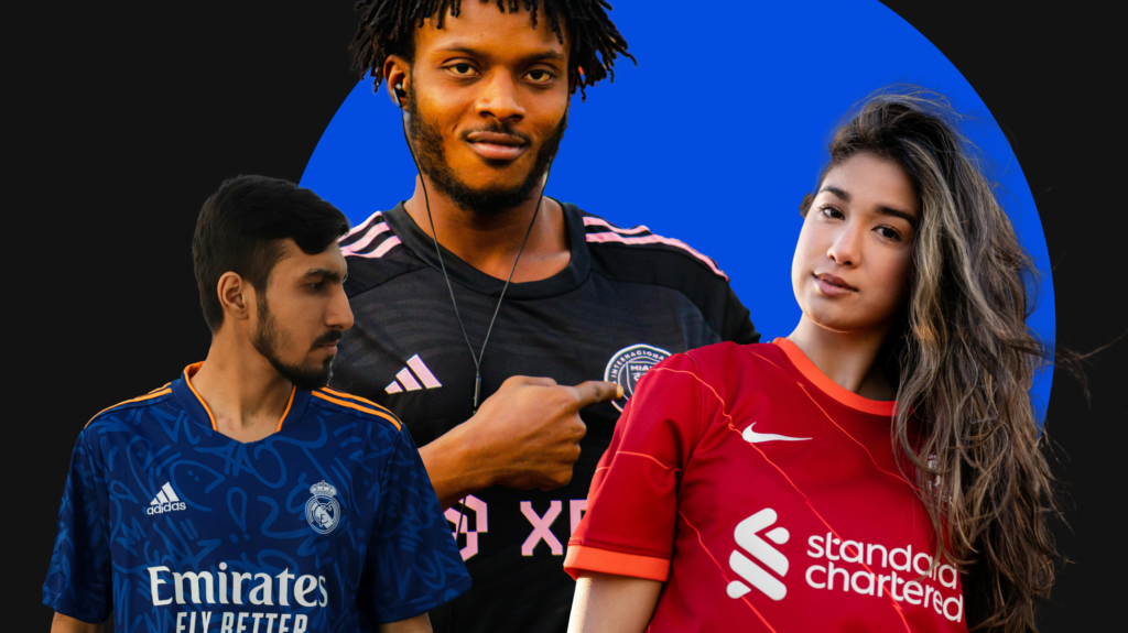 Image of 3 different soccer fans wearing three different soccer jerseys.