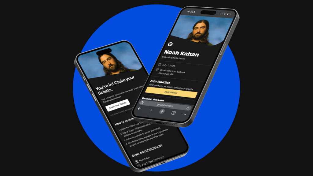 Image of two iPhones showing tickets to a Noah Kahan concert and how the Seated integration works.