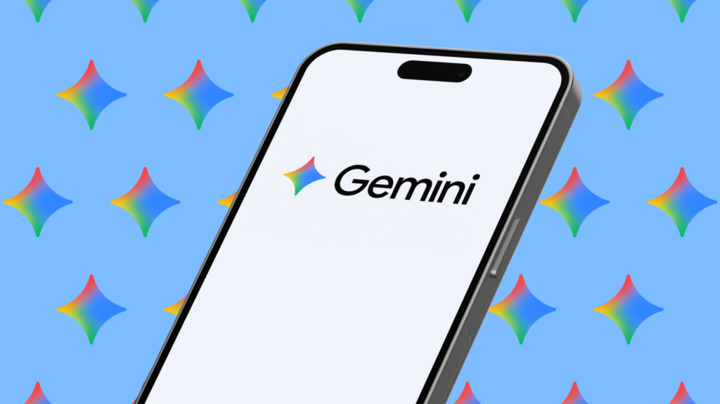 A mobile phone showing the Gemini logo on the screen