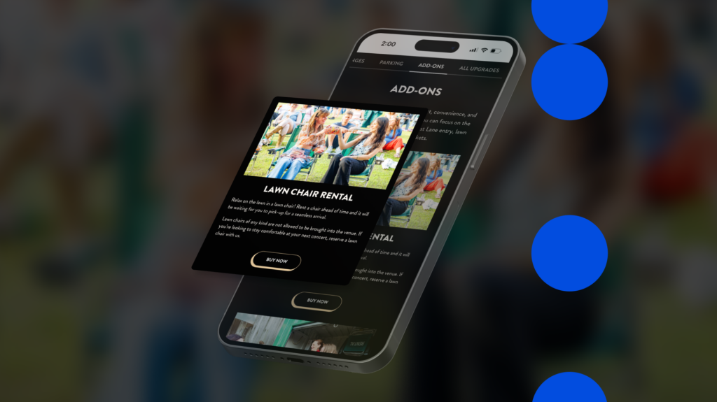 Image of iPhone frame with "Lawn Chair Rental" being shown as an Add On / Event Extra for an upcoming event.