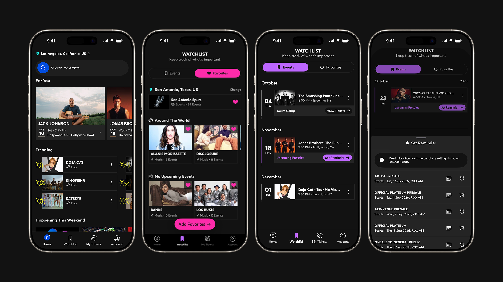 An image of four different iPhone screens showing the new Ticketmaster app include Home Screen, Watchlist and Favorites.