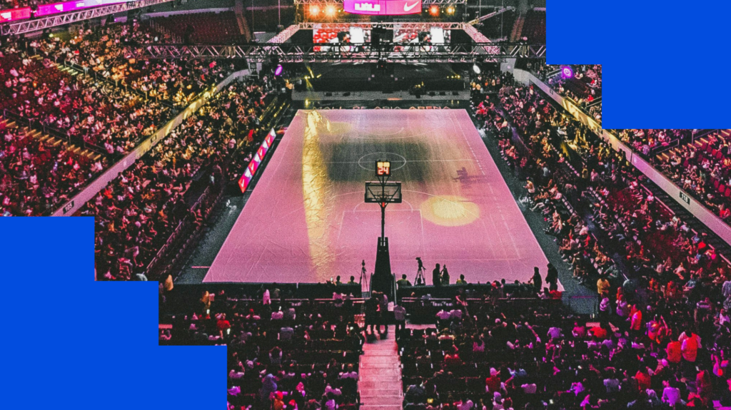 Image of an arena set up in basketball mode.